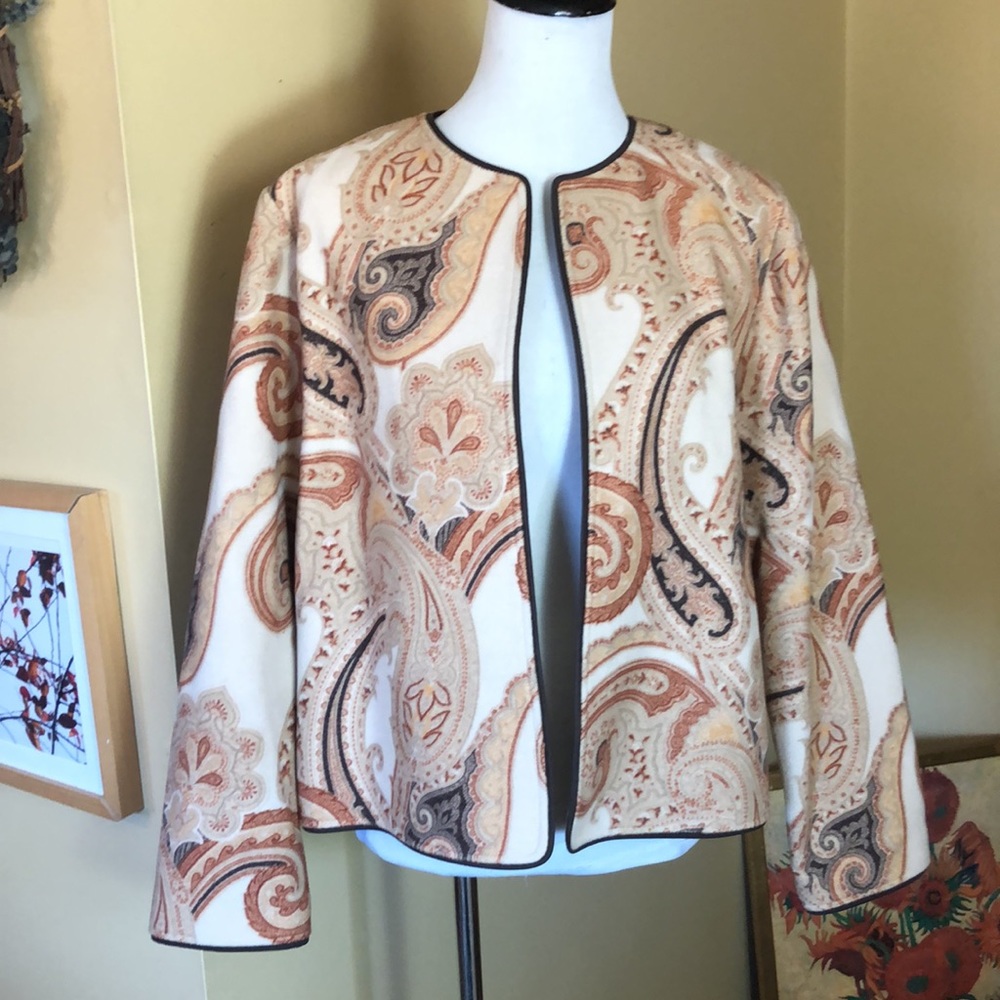 LINDA ALLARD ELLEN TRACY Size 14 Paisley Print Natural Soft Brown/Tan Wool Blend